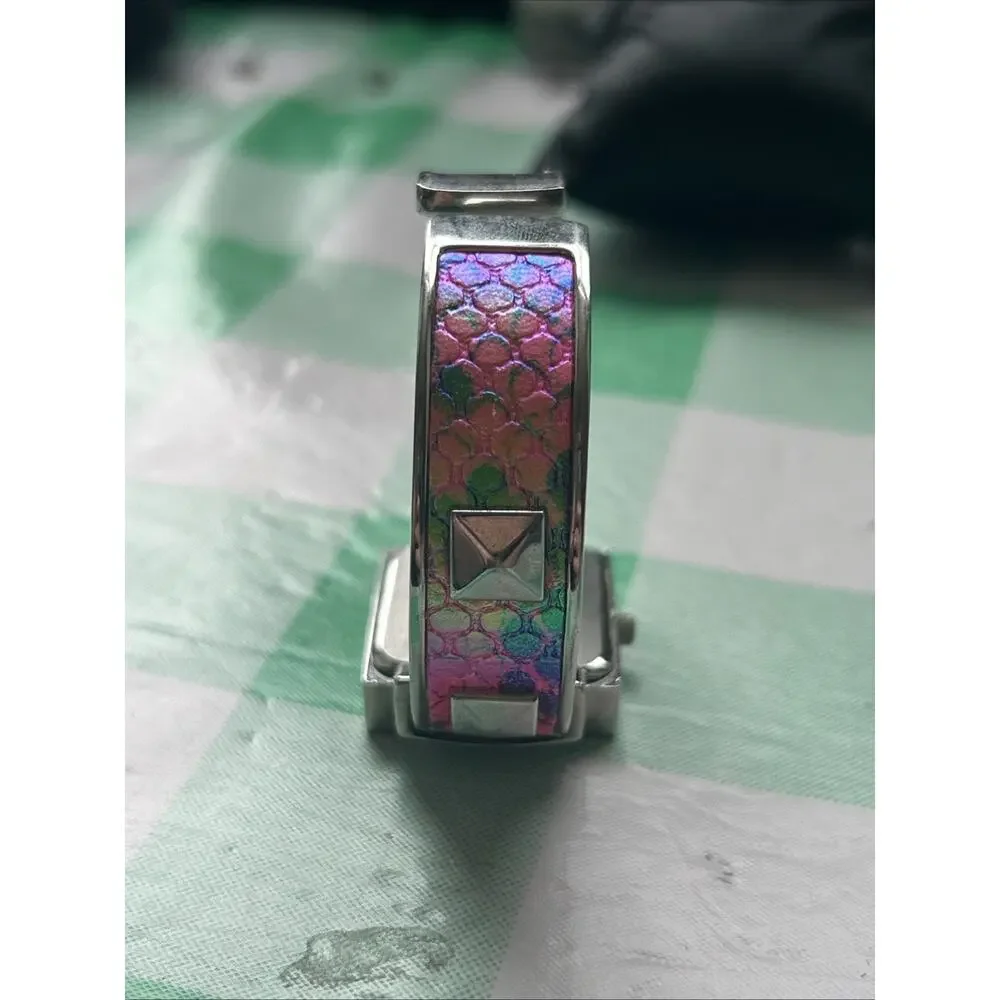 Silver Tone Pink And Multicolored Band Women’s Cuff Watch